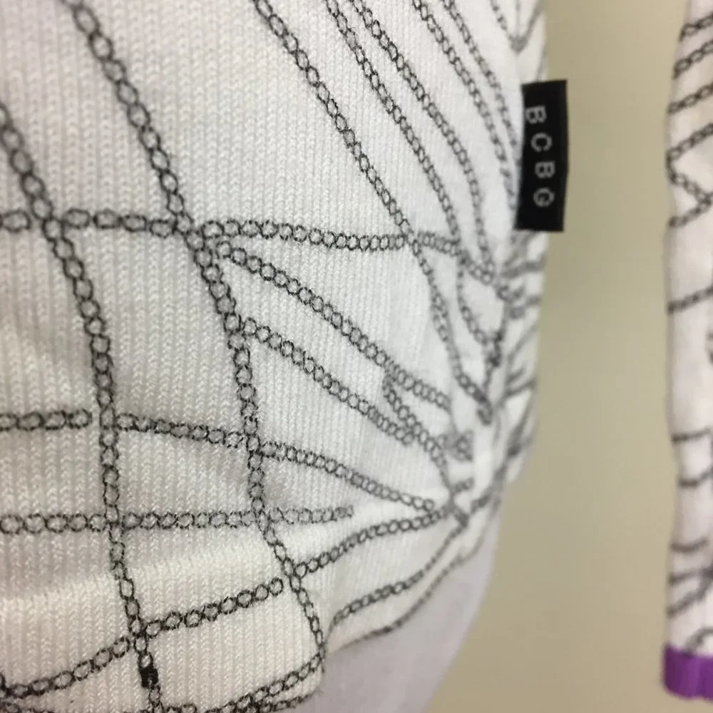 BCBGMAXAZRIA White Black Beads Floral Print Purple Trim Silk Blend Sweater - Picture 9 of 15